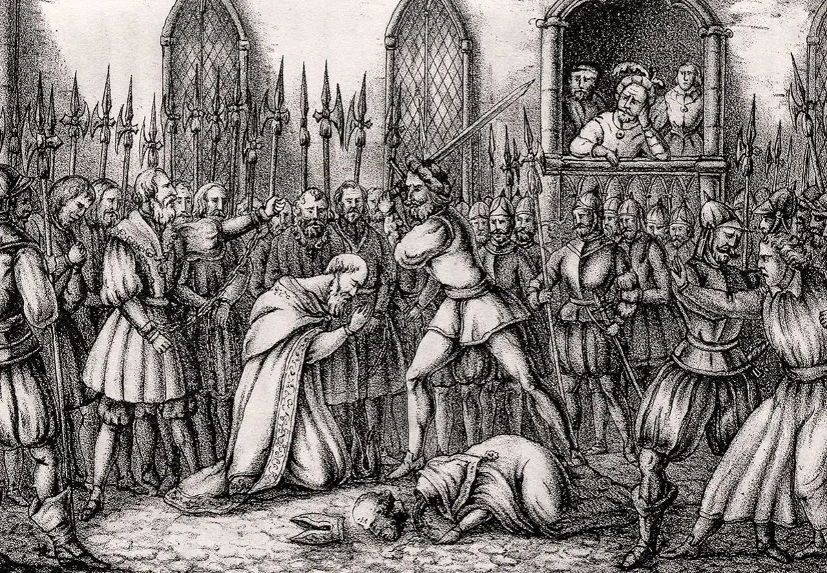 En dramatisk illustration av Stockholms blodbad. En man med svärd höjer det mot en knäböjande präst, omgiven av soldater och åskådare.