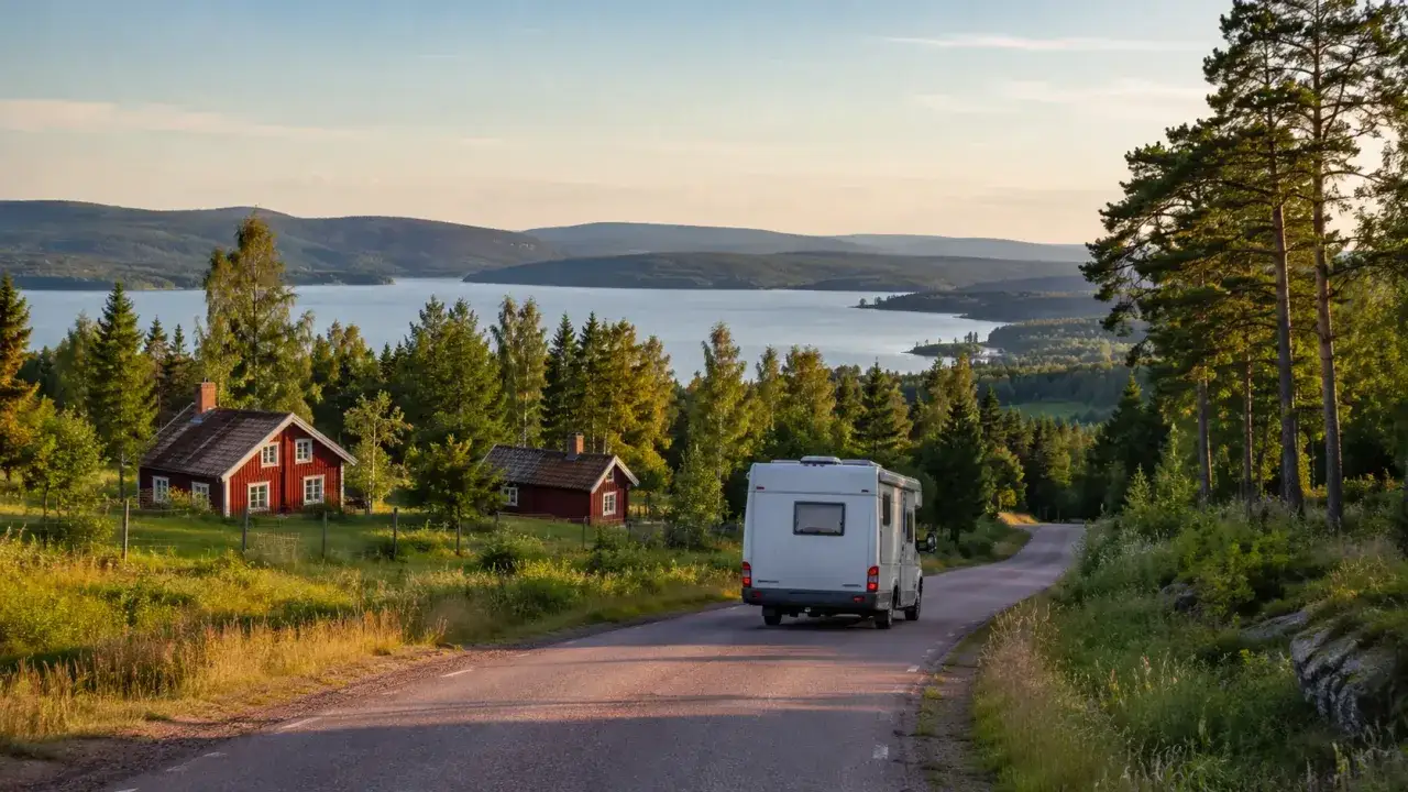 Husbil på väg längs en slingrande väg genom ett vackert landskap med röda stugor och en sjö. Mycket att se i dalarna.