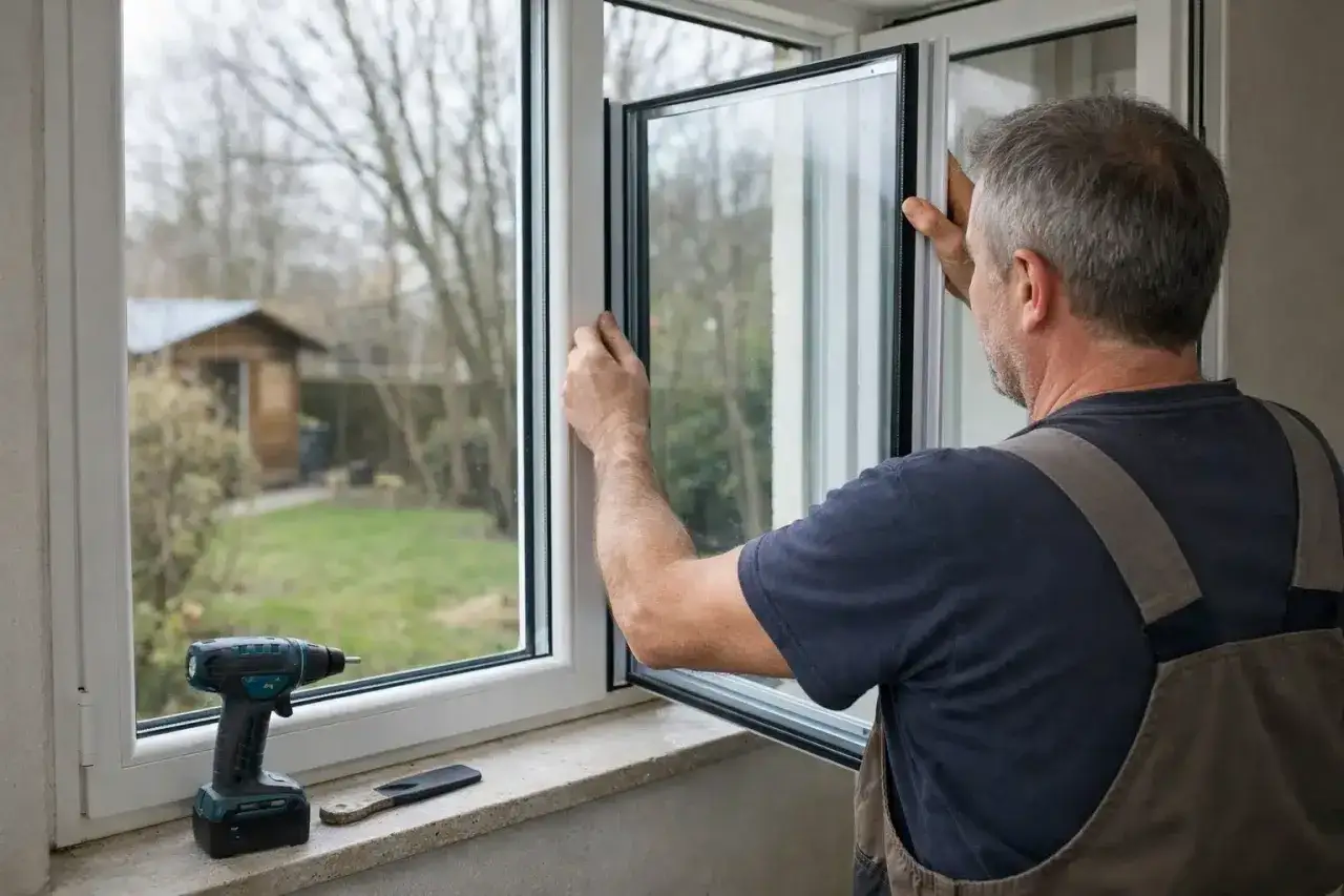 Un homme en salopette installe une nouvelle vitre double vitrage. Un tournevis est posé sur le rebord de la fenêtre.