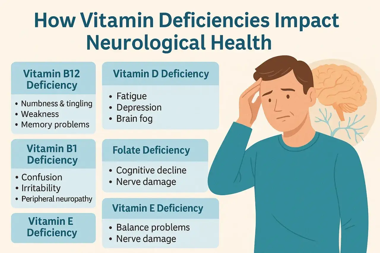 Carenza vitamina D sintomi neurologici: affaticamento, depressione, nebbia cerebrale. Altre carenze vitaminiche causano problemi neurologici.