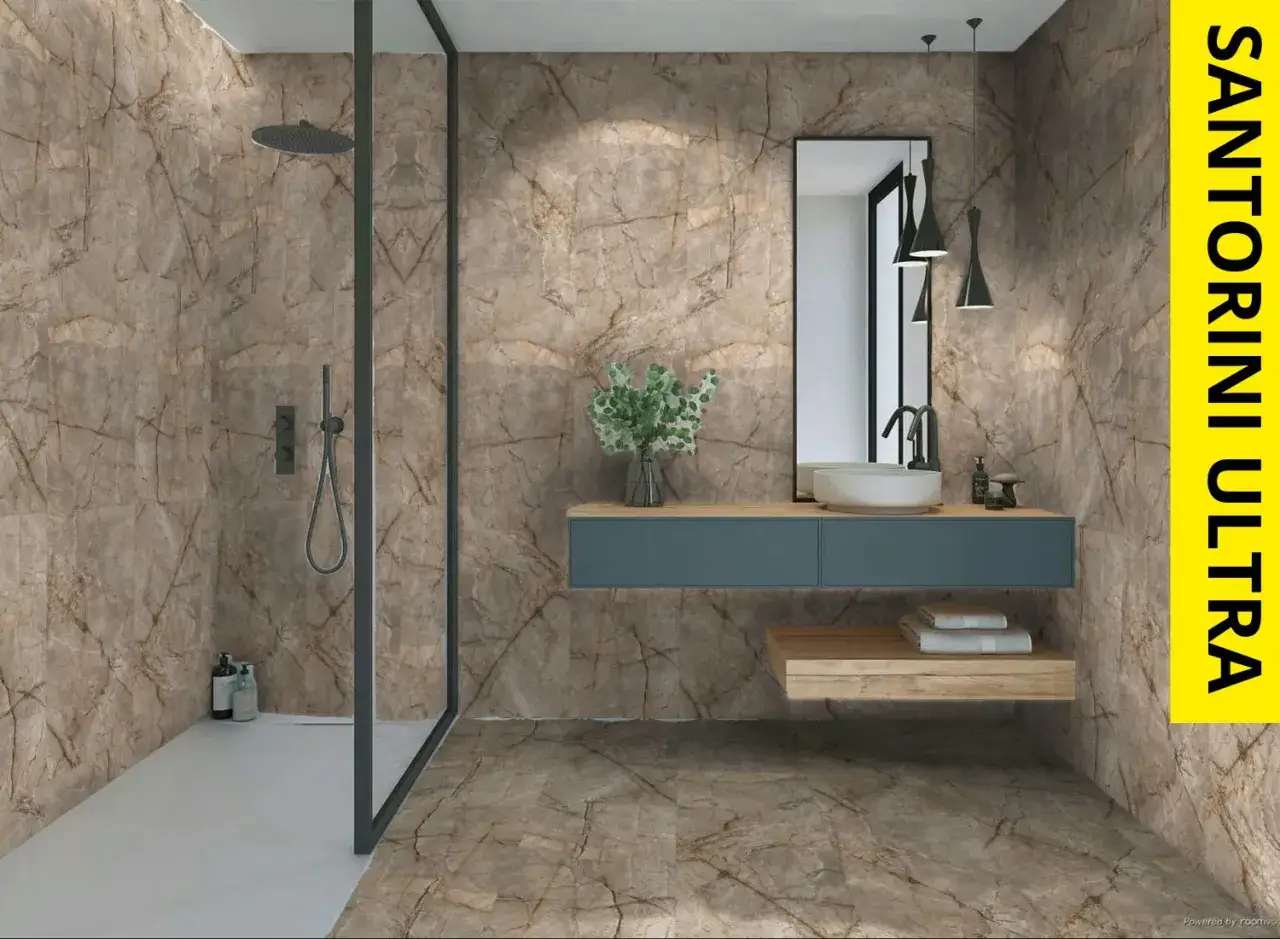 Elegantes azulejos para ba&ntilde;os modernos con efecto m&aacute;rmol en tonos tierra. Un dise&ntilde;o sofisticado que evoca la serenidad de Santorini.