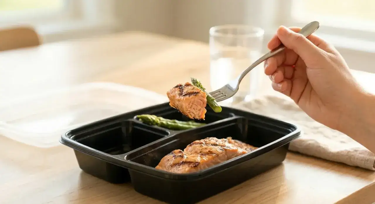 Zdrowy posiłek z łososiem i szparagami z cateringu dietetycznego Łomża. Smacznie i wygodnie!