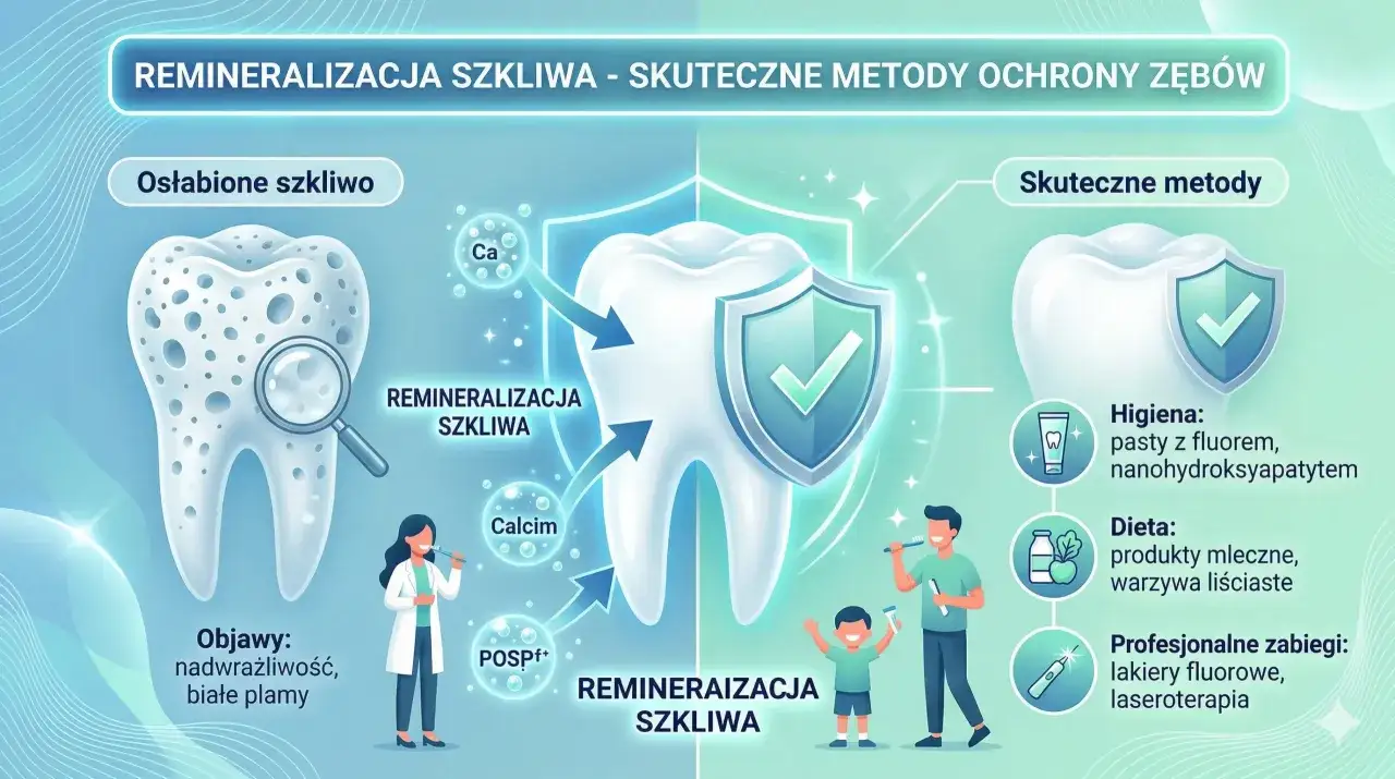 Ilustracja pokazuje proces remineralizacji szkliwa. Po lewej osłabione szkliwo, po prawej skuteczne metody ochrony zębów: higiena, dieta i zabiegi.
