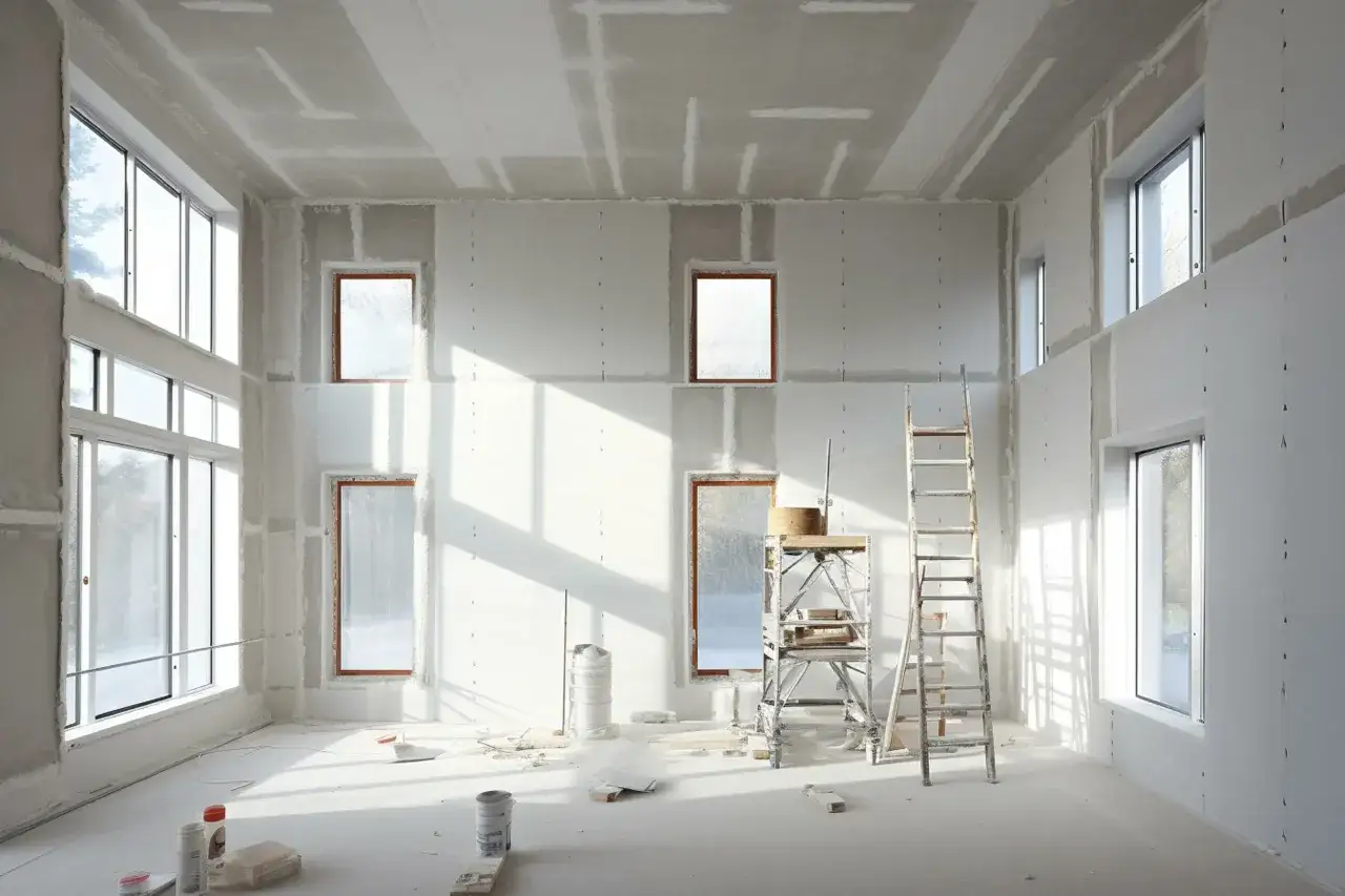 Interno di una casa in costruzione, con pareti in cartongesso pronte per lo stucco. Scale e attrezzi suggeriscono il lavoro in corso.