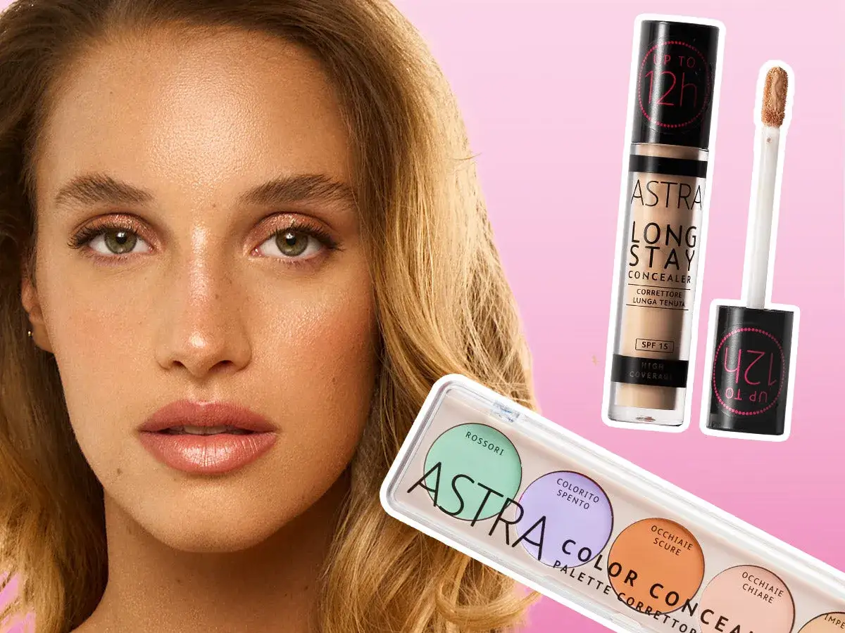 Modella con pelle luminosa e trucco naturale. In primo piano, correttore Astra Long Stay, ideale se il correttore deve essere pi&ugrave; chiaro del fondotinta.
