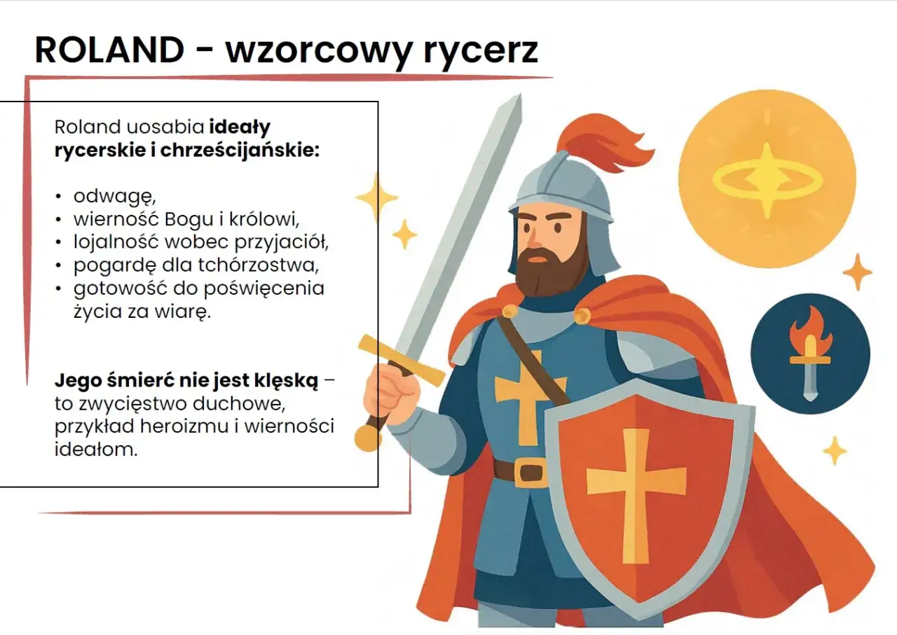 Ilustracja przedstawia Rolanda, wzorcowego rycerza, uosabiającego ideały rycerskie i chrześcijańskie. Jego śmierć to zwycięstwo duchowe, przykład heroizmu i wierności.