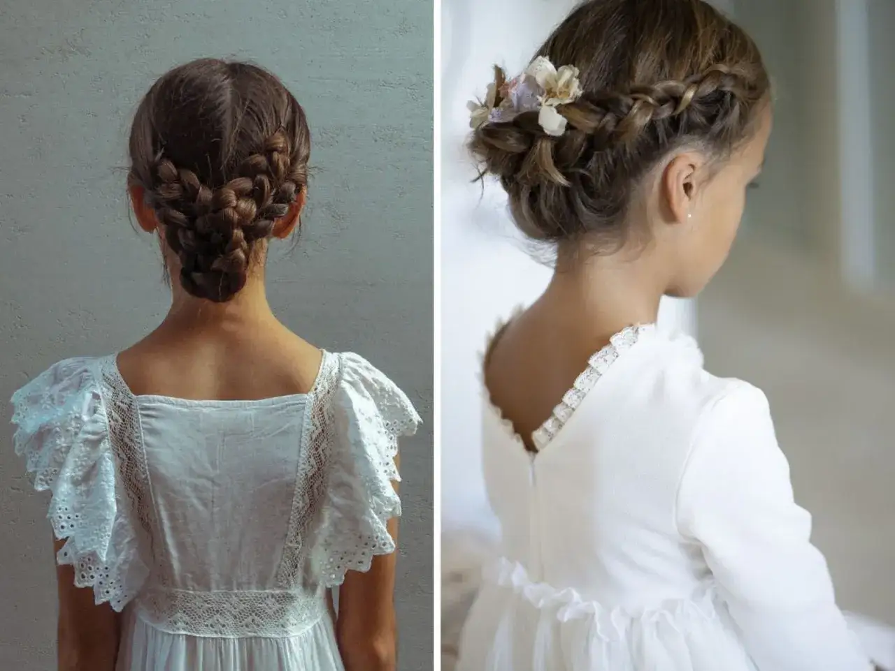 Dos bonitos peinados para ni&ntilde;as: una trenza elaborada y una corona de trenza adornada con flores.