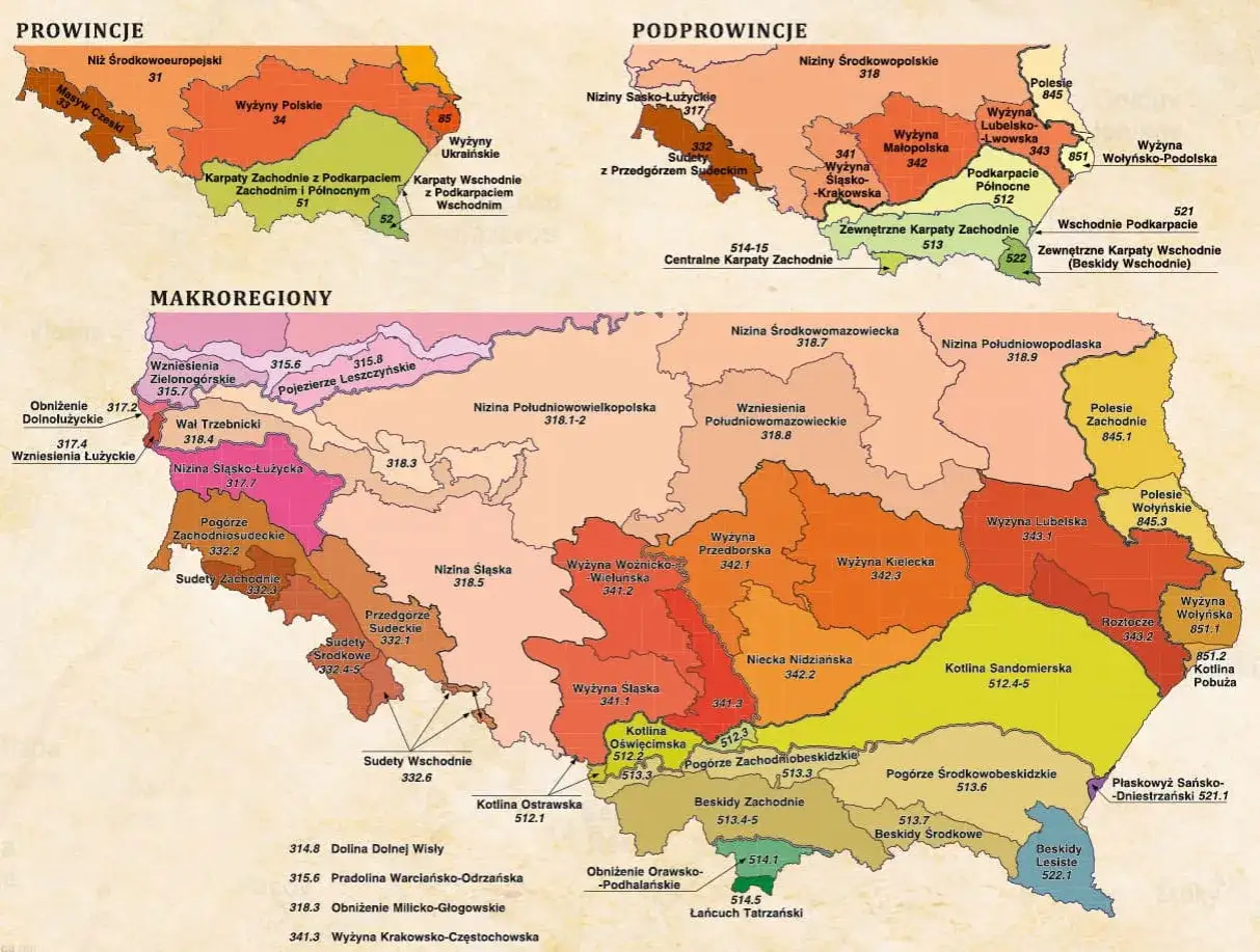 Mapa Polski z podziałem gór i makroregionów. Widoczne Sudety, Karpaty, Wyżyny i Niziny.