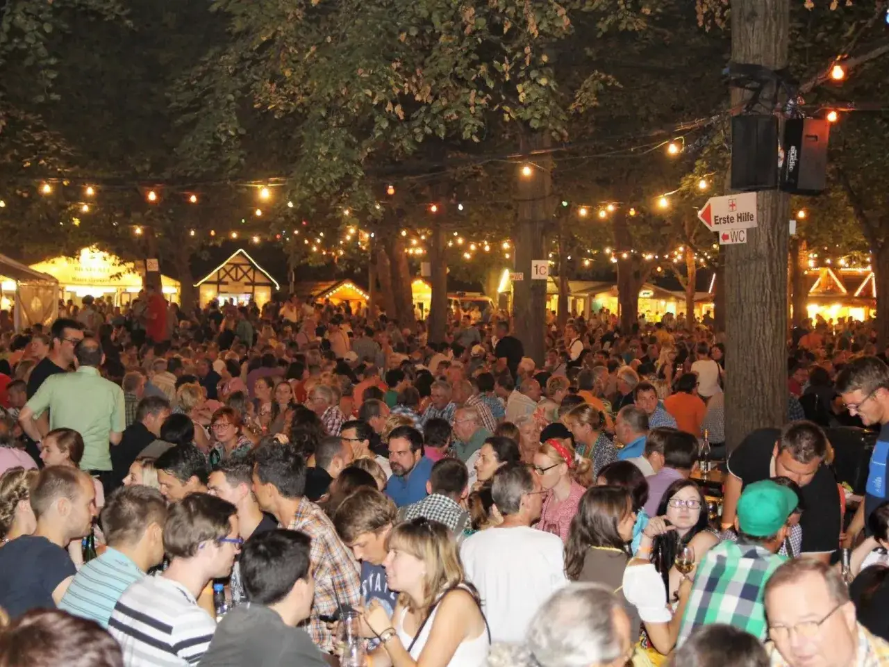 Volkach Veranstaltungen: Viele Menschen feiern unter Lichterketten und B&auml;umen. Ein Fest mit Bier und guter Laune.