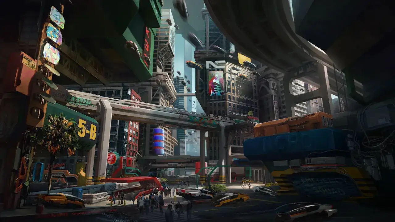 Ciudad futurista con coches voladores y edificios altos. Un cartel dice 
