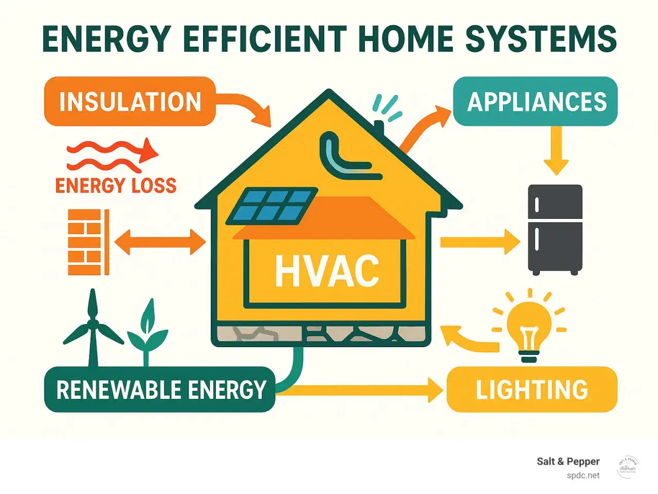 Schéma illustrant les systèmes de maison écoénergétiques : isolation, pertes d'énergie, CVC, appareils, éclairage et énergie renouvelable. Un audit énergétique peut optimiser ces éléments.