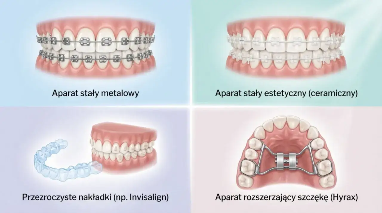 Ortodonta a dentysta: różne aparaty na zęby – metalowe, estetyczne, nakładki Invisalign i aparat Hyrax.