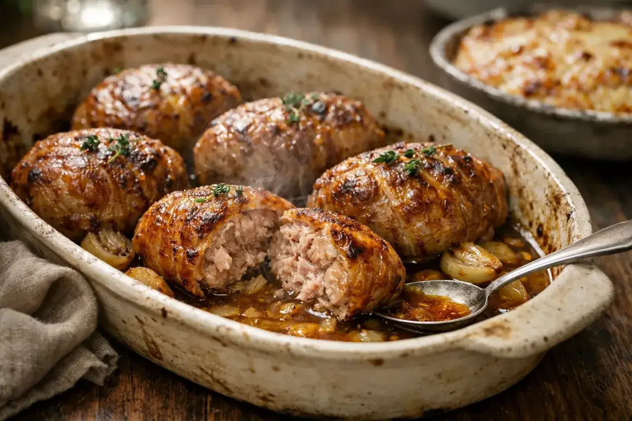 Six savoureuses crepinettes de porc dor&eacute;es, servies dans un plat en c&eacute;ramique avec des oignons caram&eacute;lis&eacute;s et une sauce app&eacute;tissante.