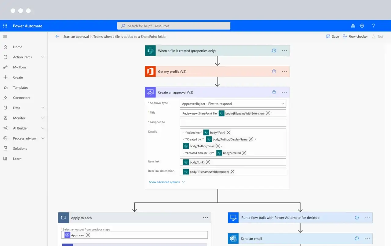 Un flux ms pour cr&eacute;er une approbation dans Teams quand un fichier est ajout&eacute; &agrave; SharePoint. Il r&eacute;cup&egrave;re le profil, cr&eacute;e l'approbation et l'envoie.