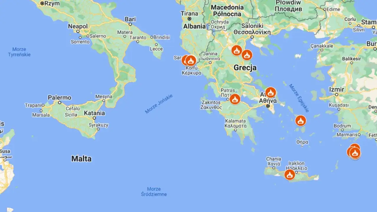 Mapa pożar&oacute;w Rodos 2023