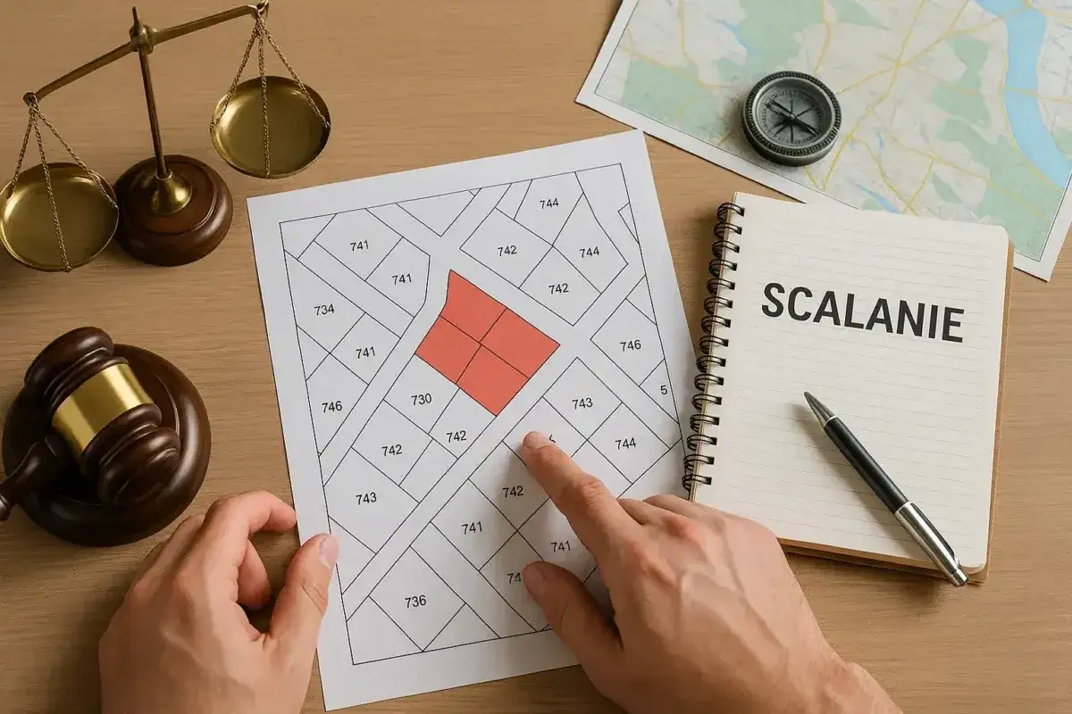 Plan działek, waga, młotek sędziowski i notatnik z napisem