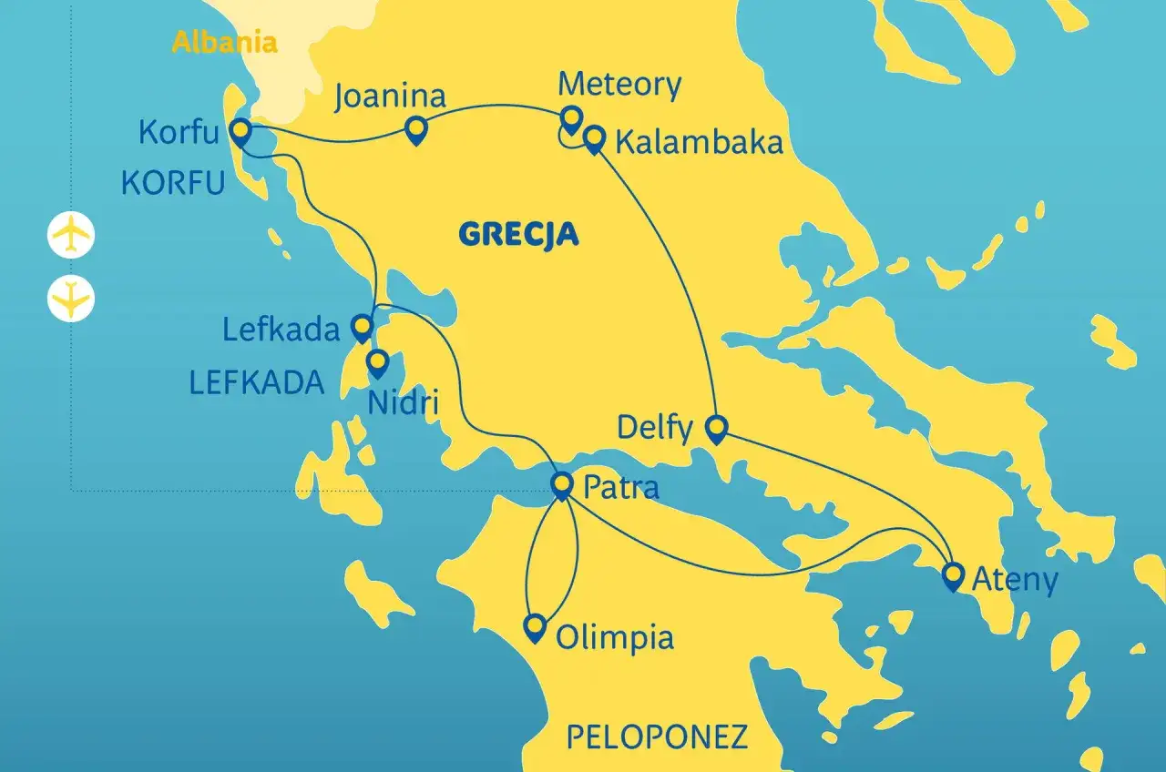 Mapa Grecji z zaznaczonymi trasami podróży: Korfu, Lefkada, Meteory, Delfy, Olimpia, Ateny. Idealne miejsca na wakacje!