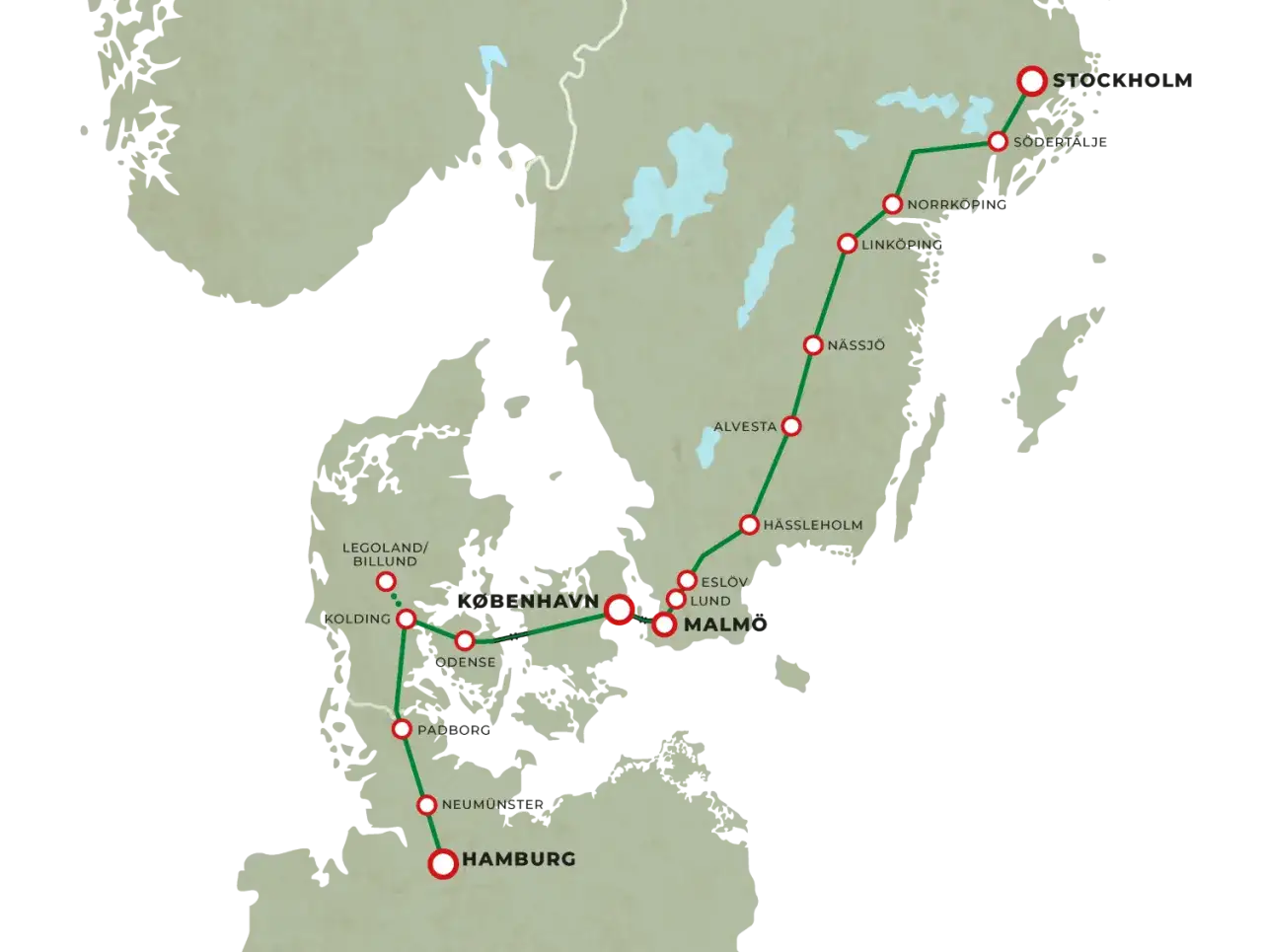 Interrailkort Sverige: en rutt genom Danmark och Sverige, fr&aring;n Hamburg till Stockholm, med stopp i K&ouml;penhamn, Malm&ouml;, Lund, N&auml;ssj&ouml; och Link&ouml;ping.