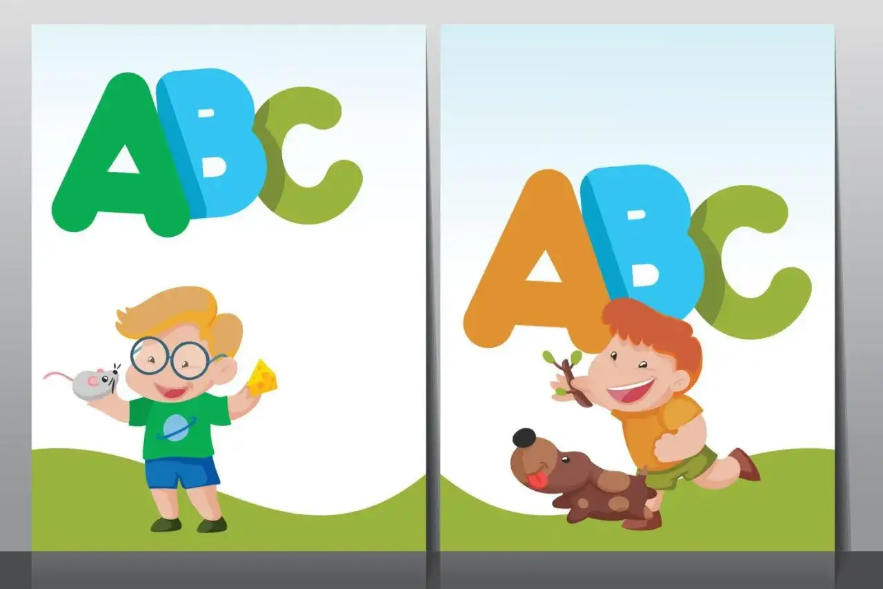 Portadas de trabajos infantiles con niños, un ratón, un perro y letras ABC.