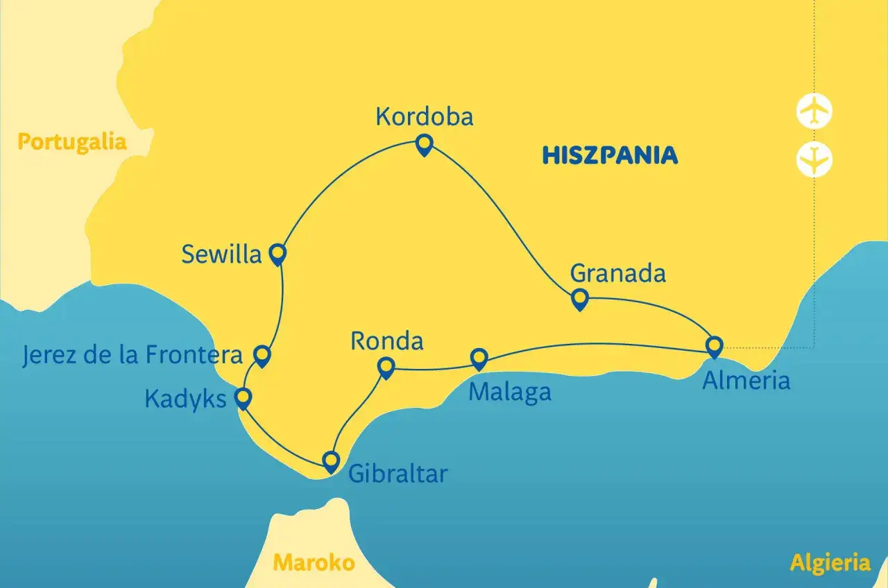 Mapa Andaluzji z zaznaczonymi miastami: Sewilla, Kordoba, Granada, Ronda, Malaga, Jerez, Kadyks, Gibraltar, Almeria. Gdzie jest Malaga? Na południowym wybrzeżu Hiszpanii.