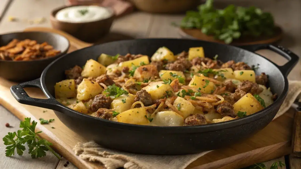 Herzhaftes rezept hackfleisch kartoffeln in einer gusseisernen Pfanne, garniert mit Petersilie. Dazu gibt es eine Sch&uuml;ssel mit Sour Cream und eine mit knusprigen Zwiebeln.