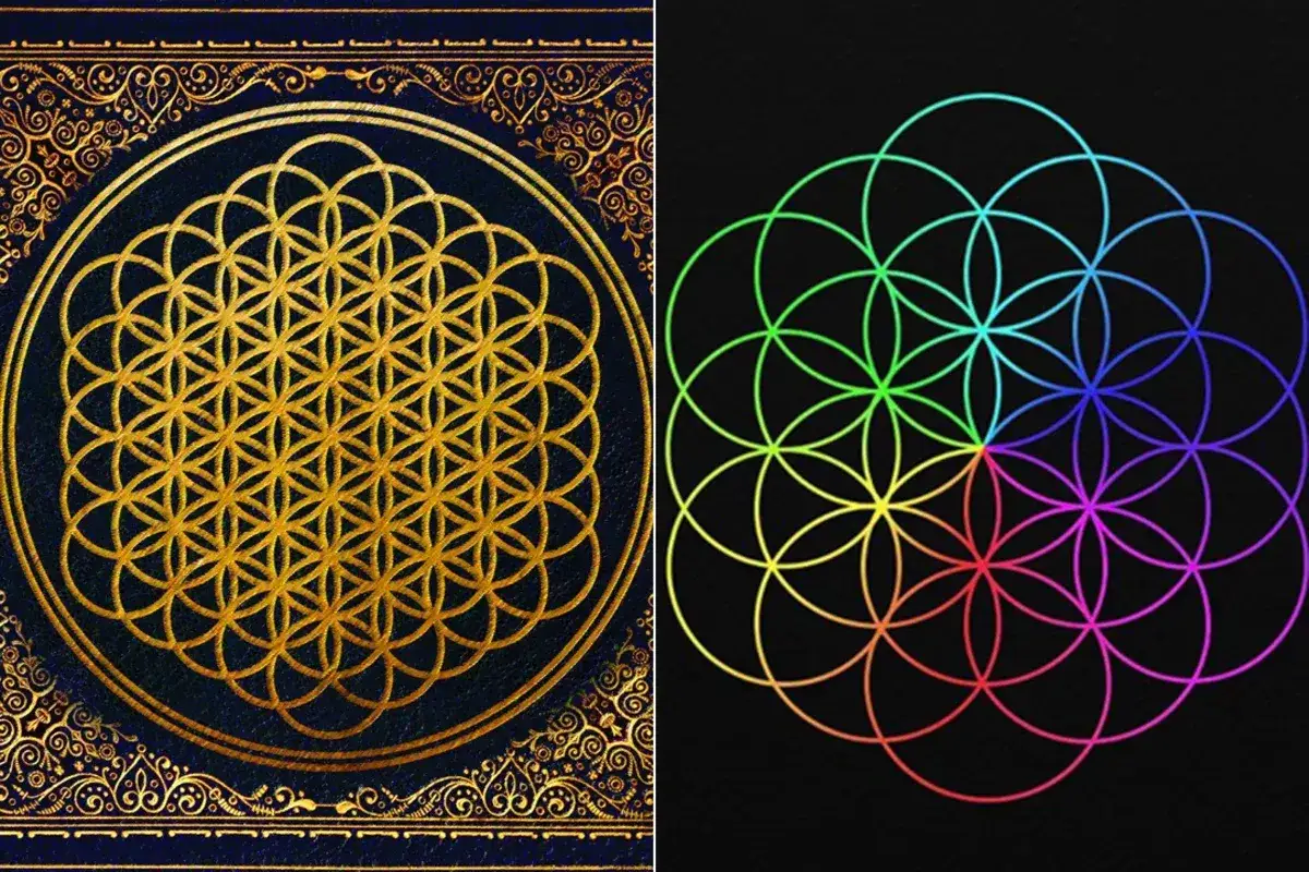 Deux symboles de la fleur de vie, l'un doré sur fond bleu nuit, l'autre arc-en-ciel sur fond noir, évoquant les albums de Coldplay.