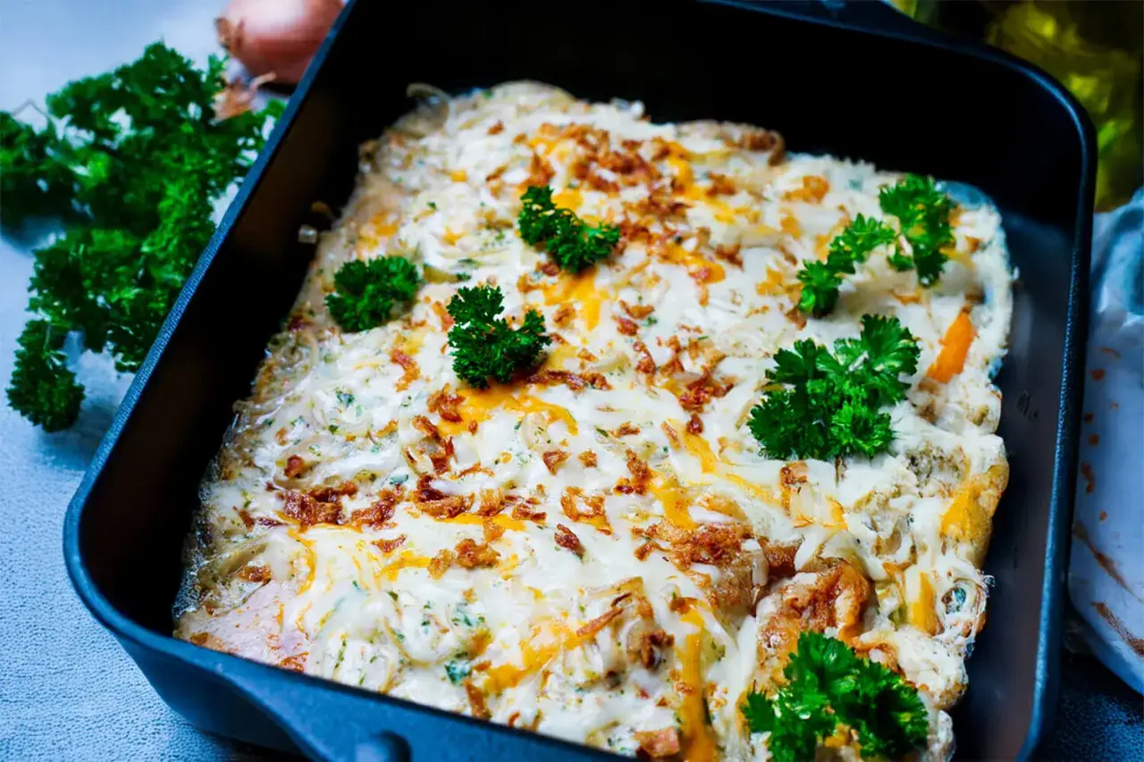 Zwiebel Sahne Schnitzel in einer Auflaufform, garniert mit Petersilie und knusprigen Zwiebeln.