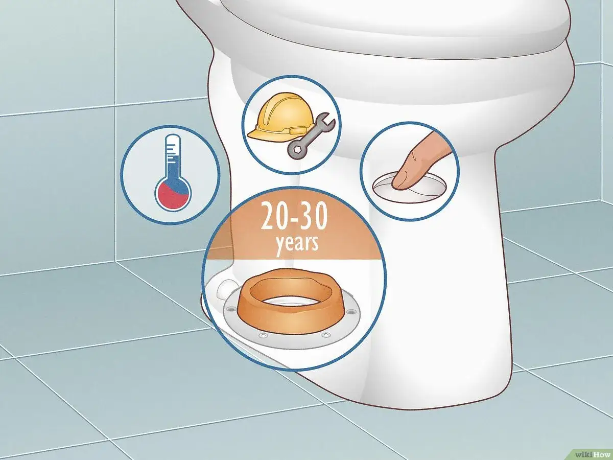 Diagram showing a toilet with icons for temperature, tools, and a finger pressing a button, highlighting the toilet wax ring replacement process.