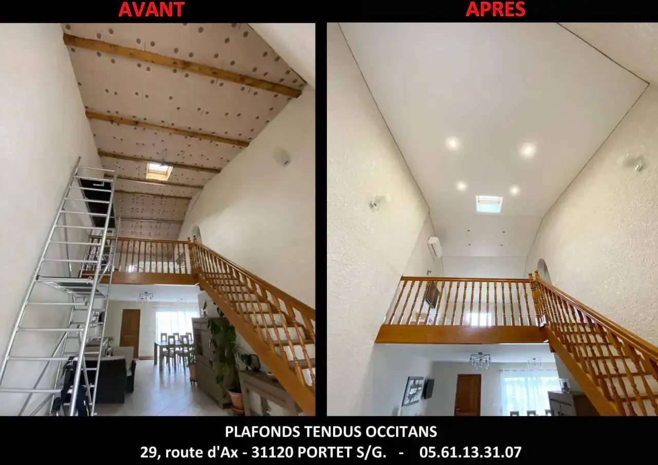 Avant/Après : rénovation d'un plafond avec une toile tendue. L'ancien plafond brut laisse place à une surface lisse et moderne.
