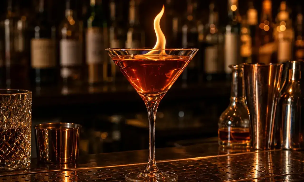 Ein Martini-Glas mit brennendem Wodka steht auf einer Bar. Im Hintergrund sind Flaschen und Bar-Utensilien zu sehen.