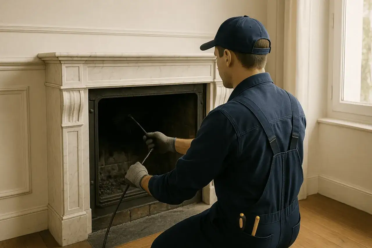 Un ramoneur en bleu utilise une brosse pour nettoyer une cheminée en marbre. Même si elle n'est pas utilisée, il est important de savoir si on doit ramoner une cheminée non utilisée pour la sécurité.