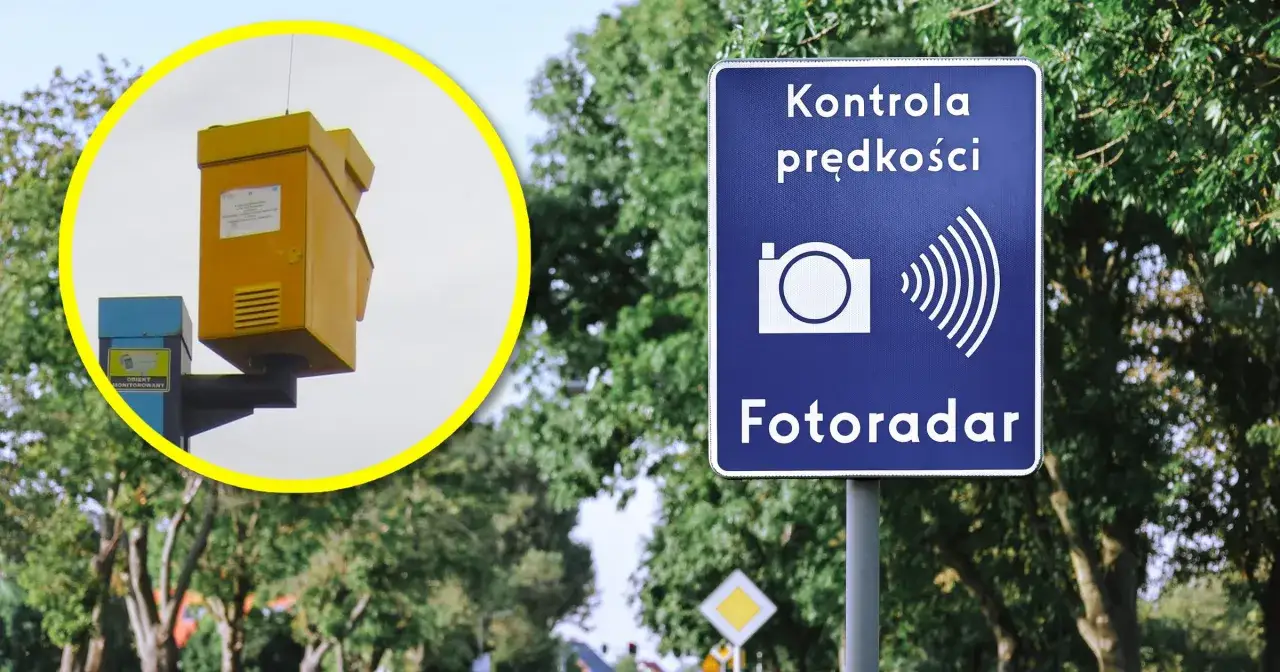Uwaga, fotoradar! Znak informuje o kontroli prędkości, a żółta skrzynka to urządzenie, które może wystawić mandat.