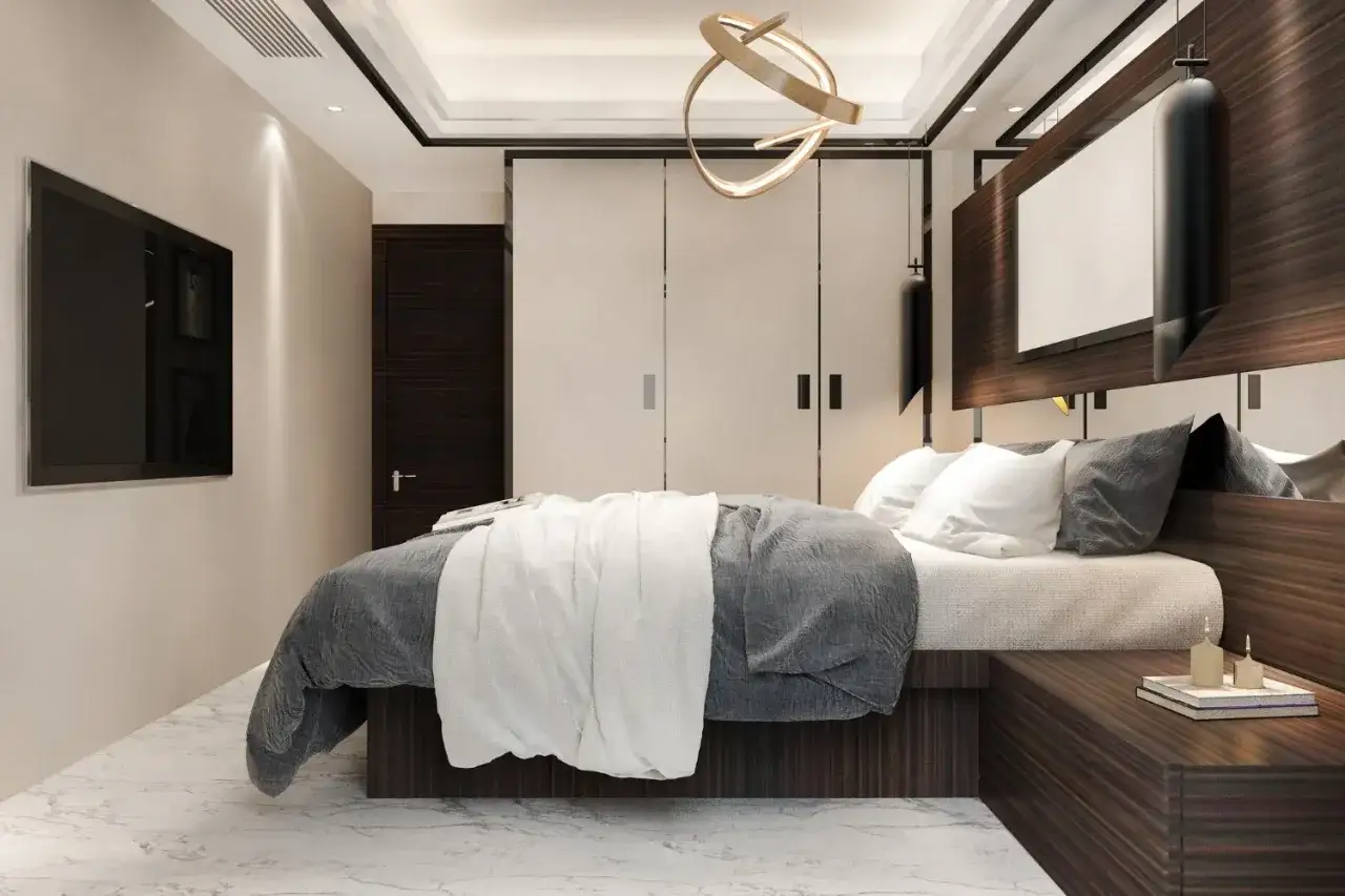Cama moderna con cabecero de madera oscura, ideal para un dormitorio con estilo feng shui.