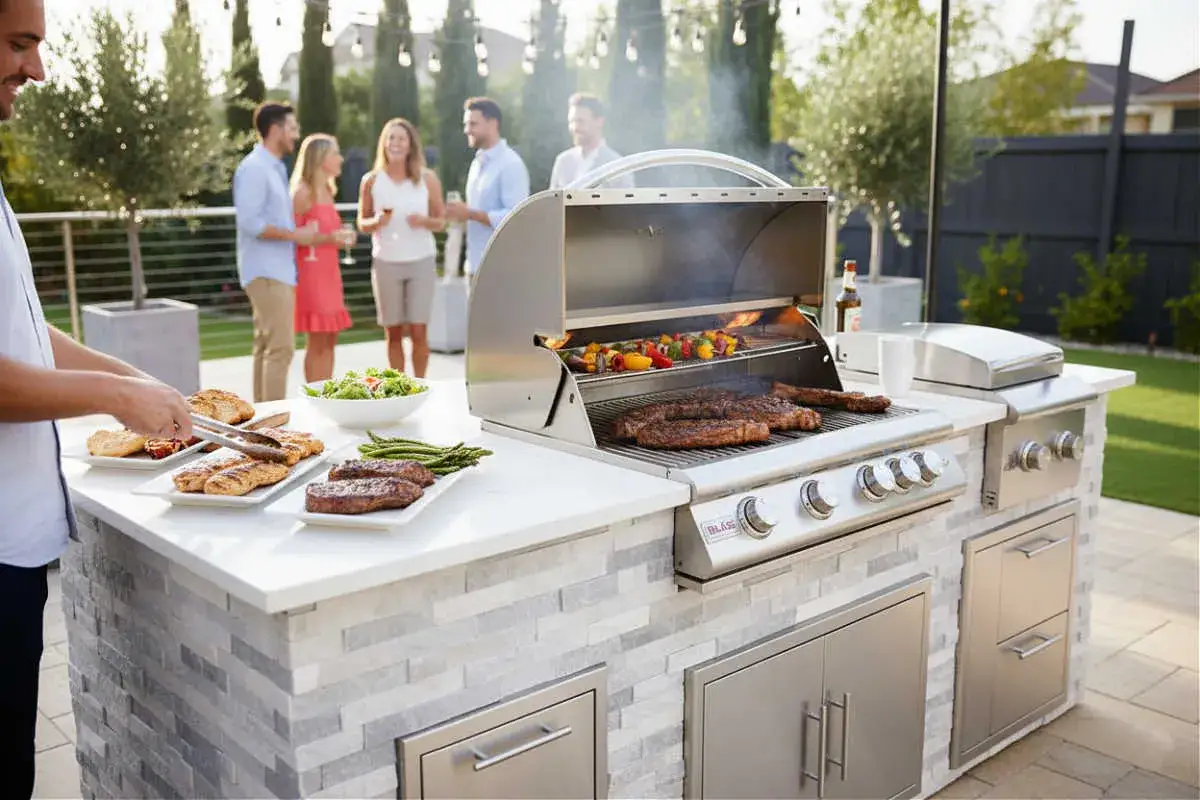 Un barbecue gaz ou charbon moderne prépare un festin : steaks, brochettes de légumes et poulet. Des amis discutent en arrière-plan.