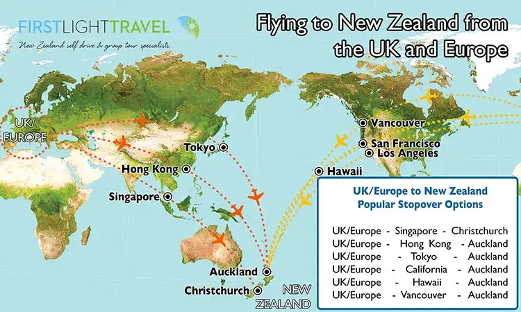 Mapa pokazuje trasy lotów z Europy do Nowej Zelandii, z popularnymi przystankami jak Singapur, Hongkong, Tokio, Hawaje czy Kalifornia. Odpowiada na pytanie: ile się leci do Nowej Zelandii.