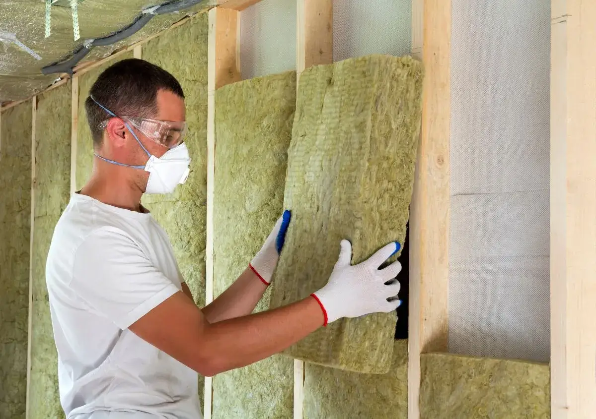 Operaio con mascherina e occhiali installa pannelli di materiali isolanti in una parete in costruzione.