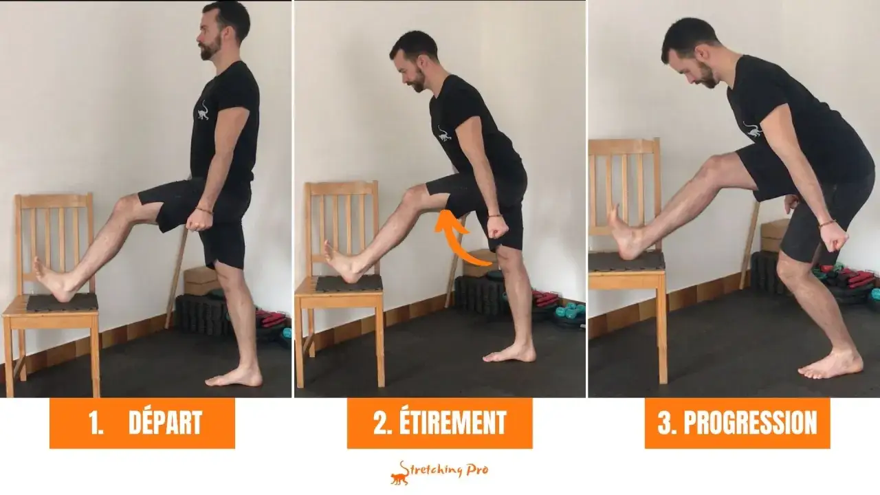 Étirement pour le déblocage du nerf sciatique : départ, étirement et progression. Un homme effectue un exercice pour soulager la sciatique.