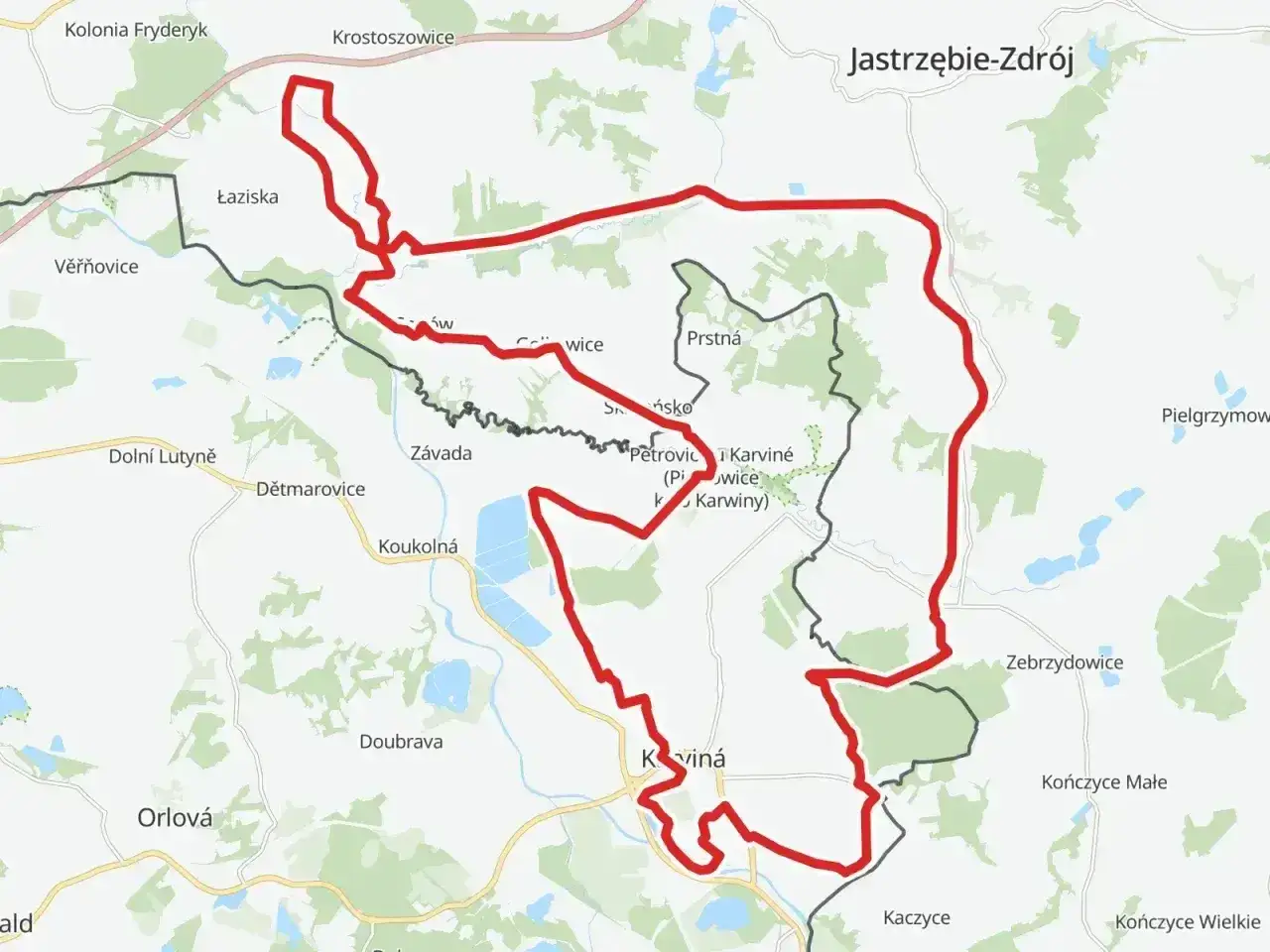 Mapa z zaznaczoną trasą rowerową 