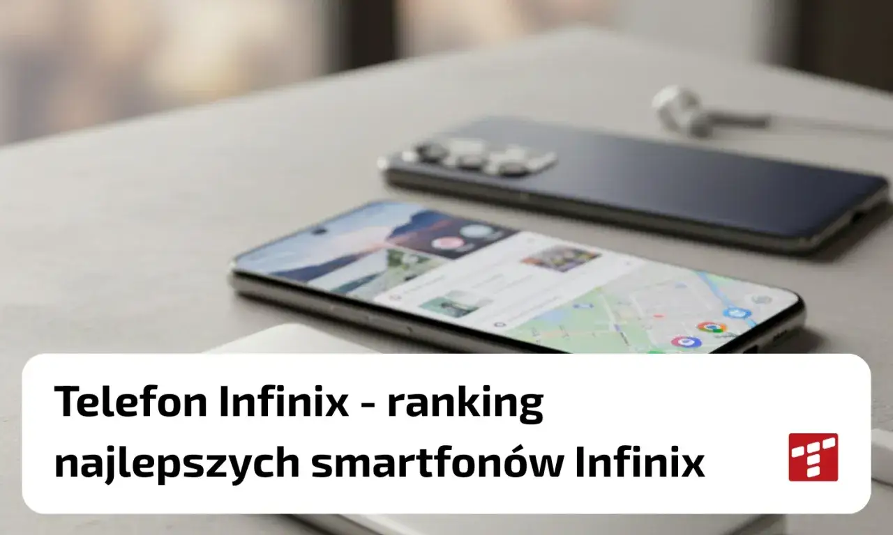 Dwa smartfony Infinix na stole, jeden z włączonym ekranem z mapą. Ranking najlepszych smartfonów Infinix.