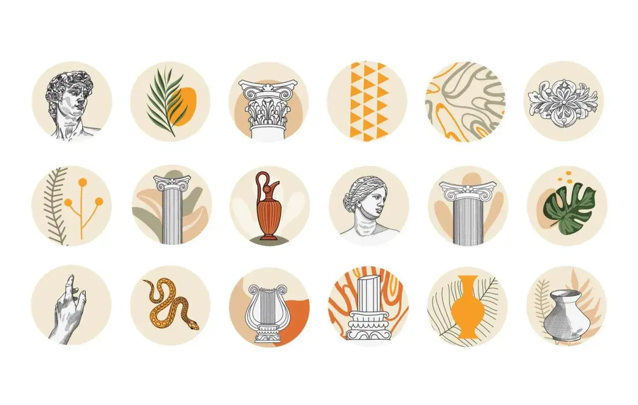 A collection of circular icons featuring elements inspired by famous Greek artists and ancient art, including busts, columns, amphorae, and mythological symbols.