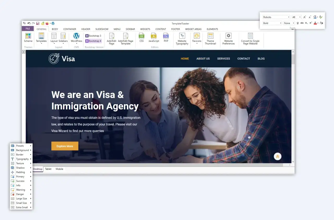 Interface d'un **wordpress theme builder** montrant la personnalisation d'un site pour une agence de visa.