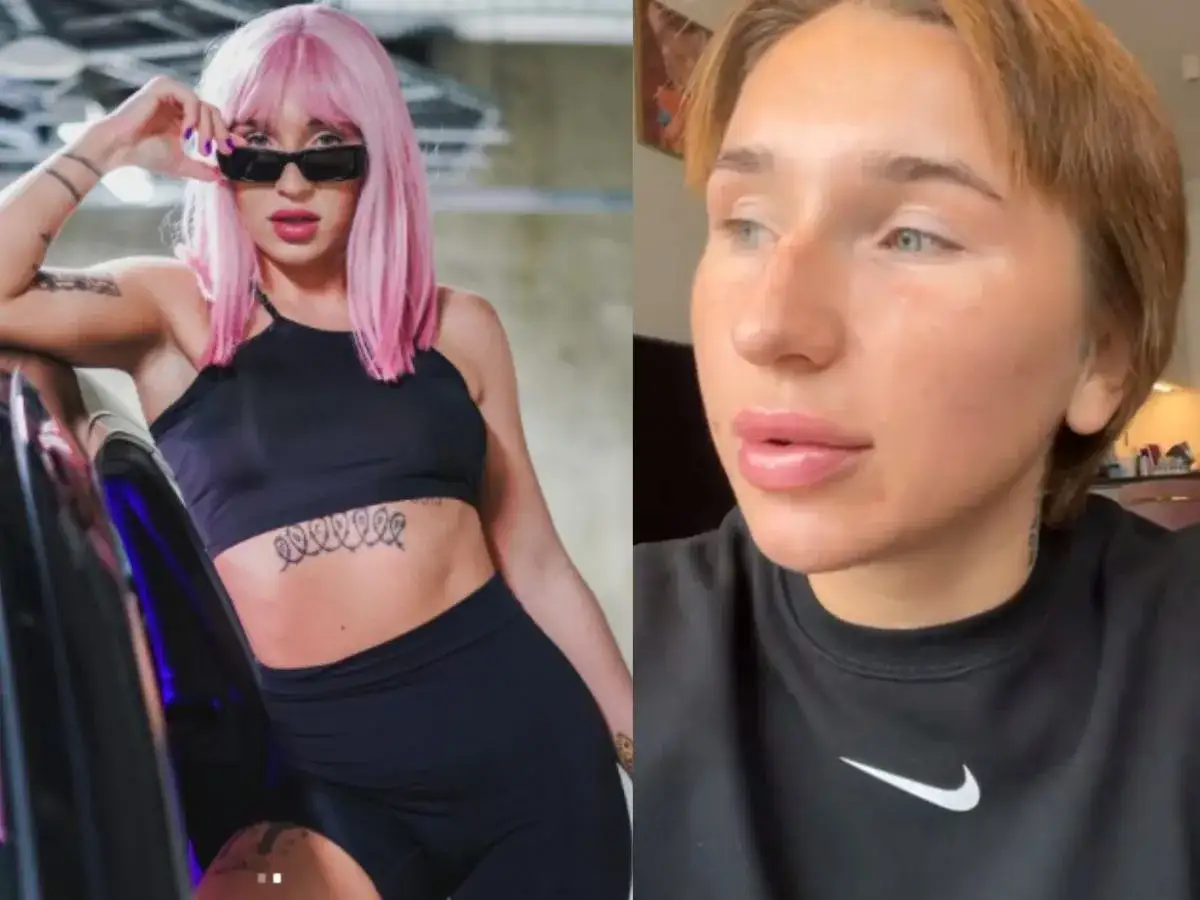 Marta Linkiewicz w różowej peruce i okularach, obok niej zbliżenie na twarz. Może szykuje się na koncert Rae Sremmurd?