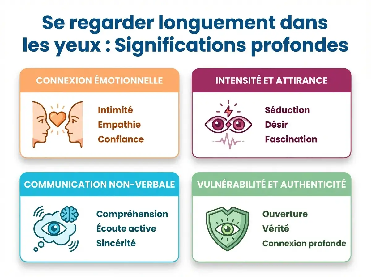 Se regarder dans les yeux : connexion, attirance, communication, vuln&eacute;rabilit&eacute;. Parfois, on est attir&eacute; par quelqu'un sans savoir pourquoi.