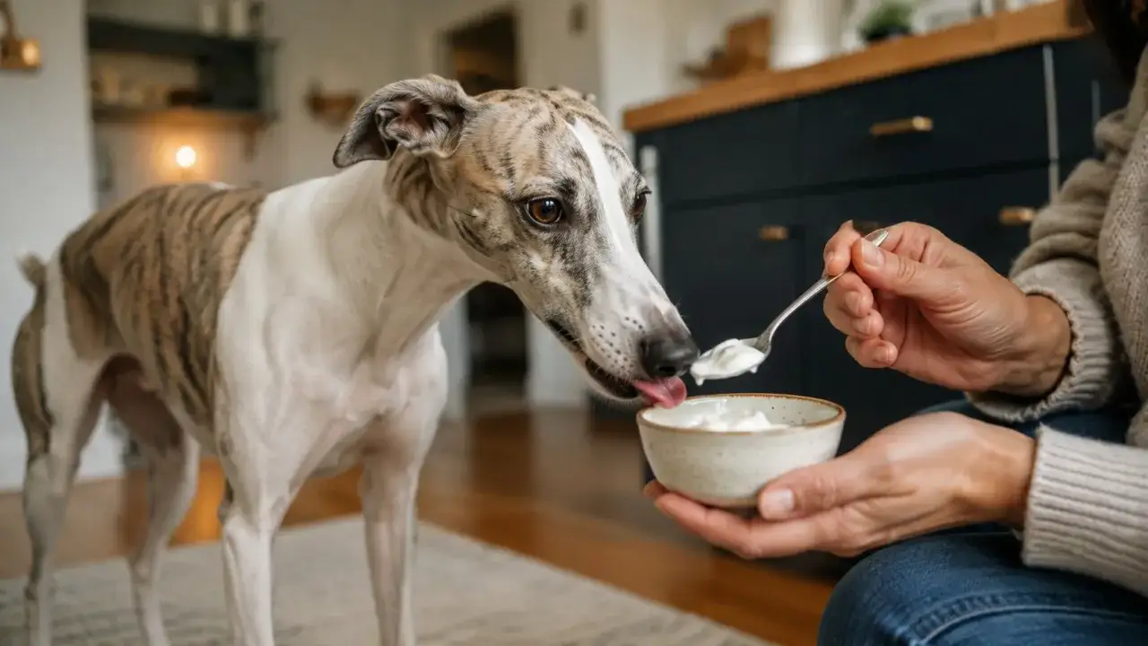 Pies whippet z językiem na wierzchu próbuje jogurtu naturalnego z łyżeczki. Czy pies może jeść jogurt naturalny? Tak, w umiarkowanych ilościach.