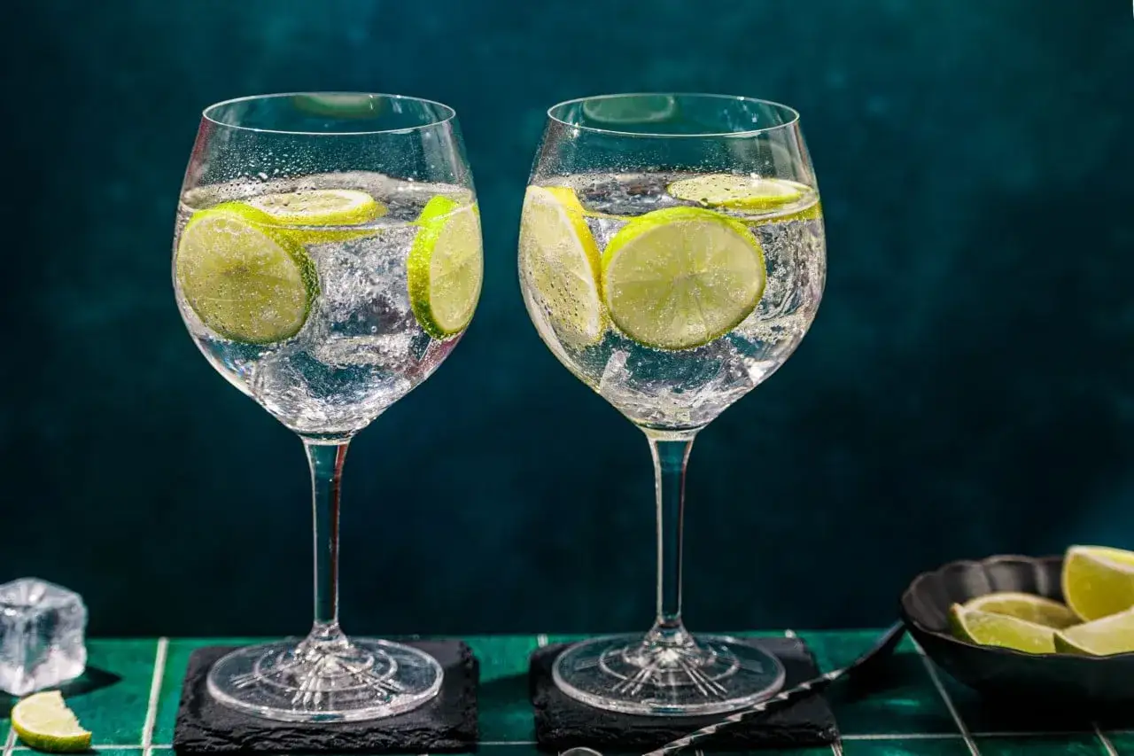 Zwei Gl&auml;ser von Hallers Gin mit Tonic und Limettenscheiben, erfrischend und prickelnd.