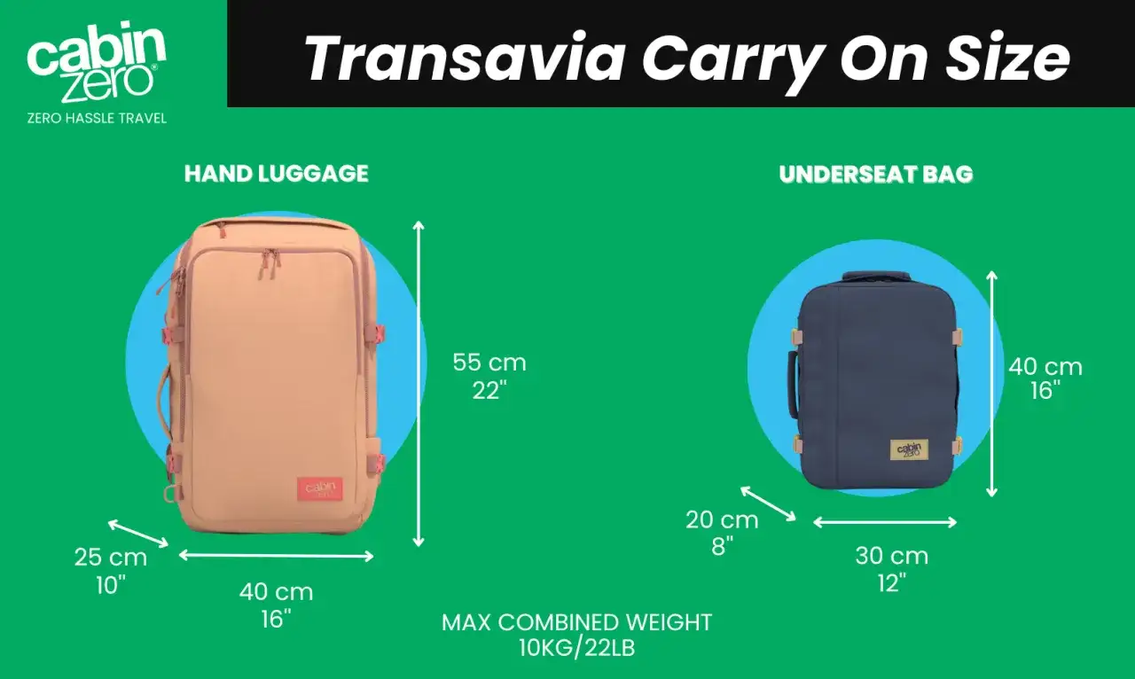 Wymiary bagażu podręcznego Transavia: duży plecak 55x40x25 cm, mały 40x30x20 cm. Maksymalna waga łączna 10 kg.