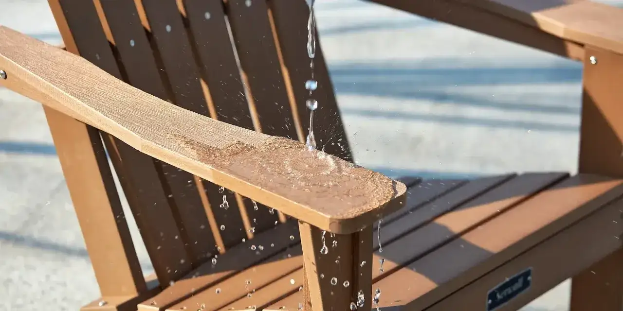 Agua cayendo sobre la trasera de un mueble de jard&iacute;n marr&oacute;n, mostrando su resistencia.