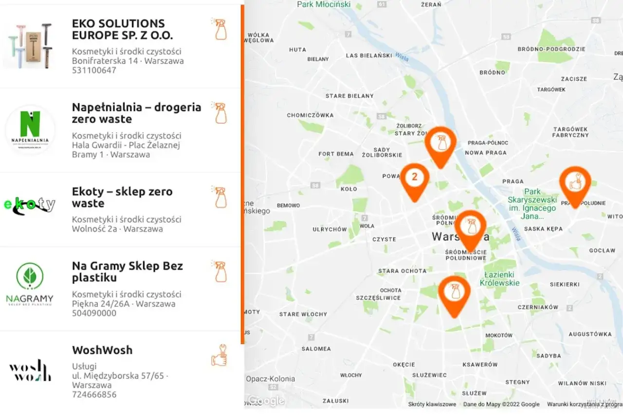Mapa Warszawy z zaznaczonymi sklepami zero waste. Te miejsca pomagają nam save the world, oferując ekologiczne kosmetyki i środki czystości.