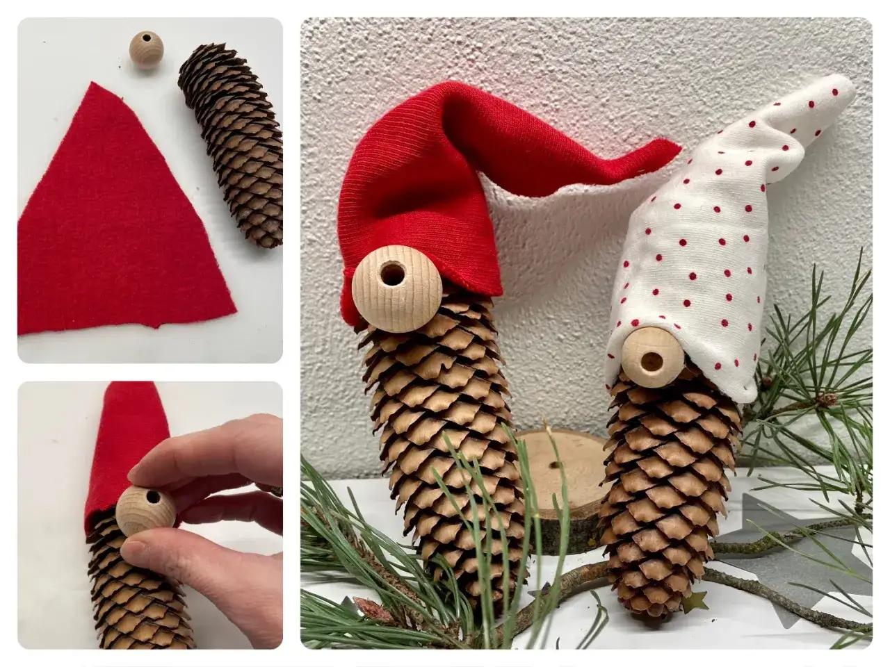 Basteln mit Tannenzapfen: Aus Zapfen, Filz und Holzperlen entstehen niedliche Wichtel. Ein kreatives DIY-Projekt für Groß und Klein.