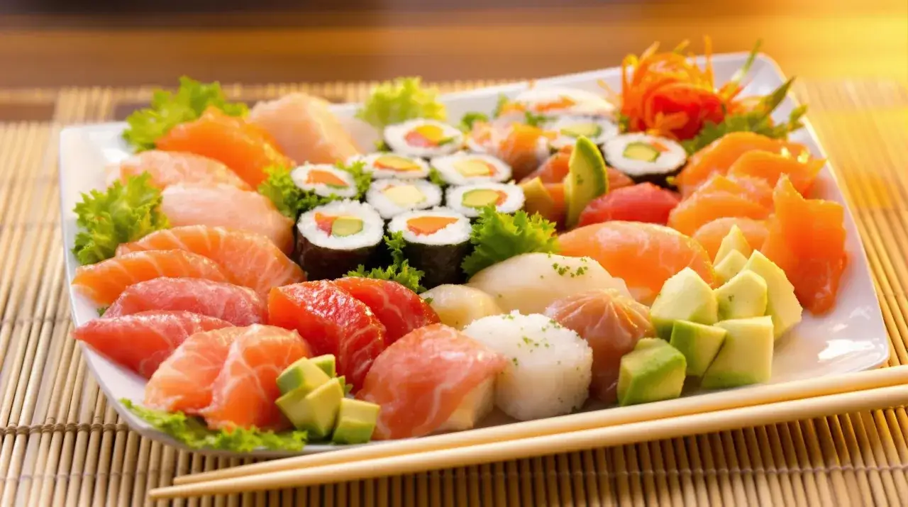 Talerz sushi z łososiem, tuńczykiem i awokado. To danie, które zachwyca nie tylko smakiem, ale i właściwościami odżywczymi.